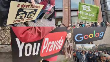 A Google-YouTube politikai betiltásai elleni tüntetés a cég budapesti székházánál